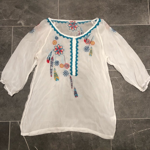 Johnny Was white sheer embroidered blouse button dream catcher dandelion feather - Picture 10 of 10